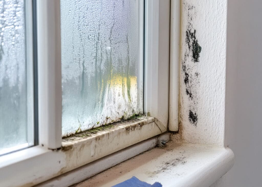 A window with condensation and water droplets on the glass, showing mold and mildew growth on the windowsill and wall corner, indicating damp and poor ventilation.