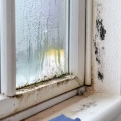 A window with condensation and water droplets on the glass, showing mold and mildew growth on the windowsill and wall corner, indicating damp and poor ventilation.