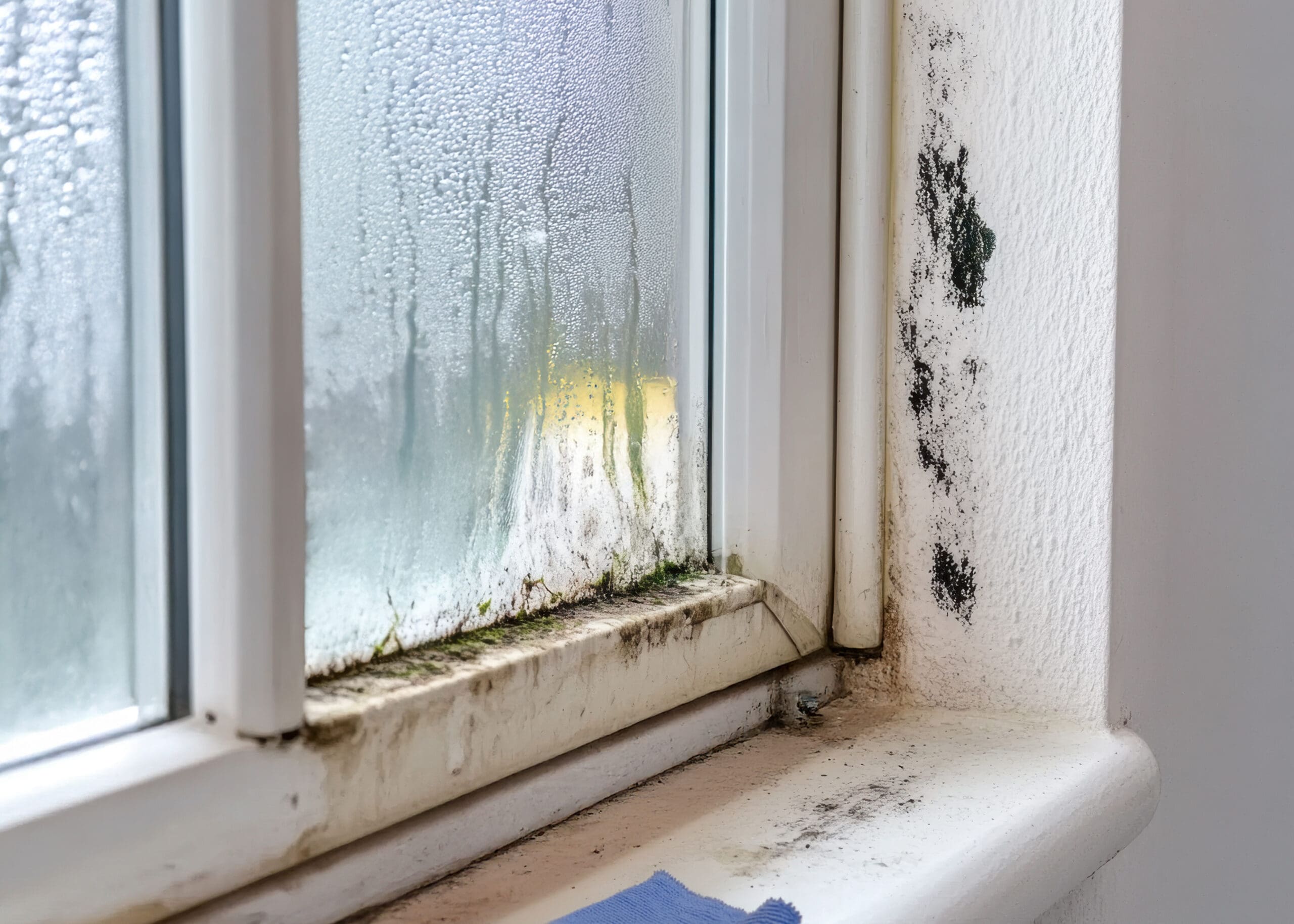A window with condensation and water droplets on the glass, showing mold and mildew growth on the windowsill and wall corner, indicating damp and poor ventilation.