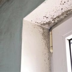 Black mold growing on the white wall and around the window frame corner, near a window with daylight coming through.