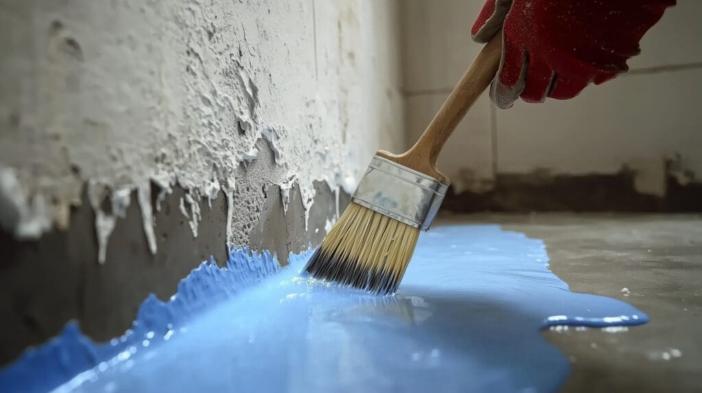 A gloved hand uses a paintbrush to apply a layer of blue waterproofing sealant to the floor near a rough, white plastered wall.