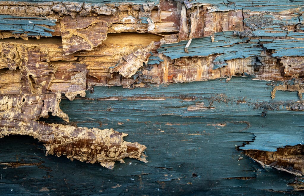 Close-up of decaying wood with peeling blue paint, exposing rough, weathered layers and textures underneath. The surface shows cracks, splinters, and natural patterns.