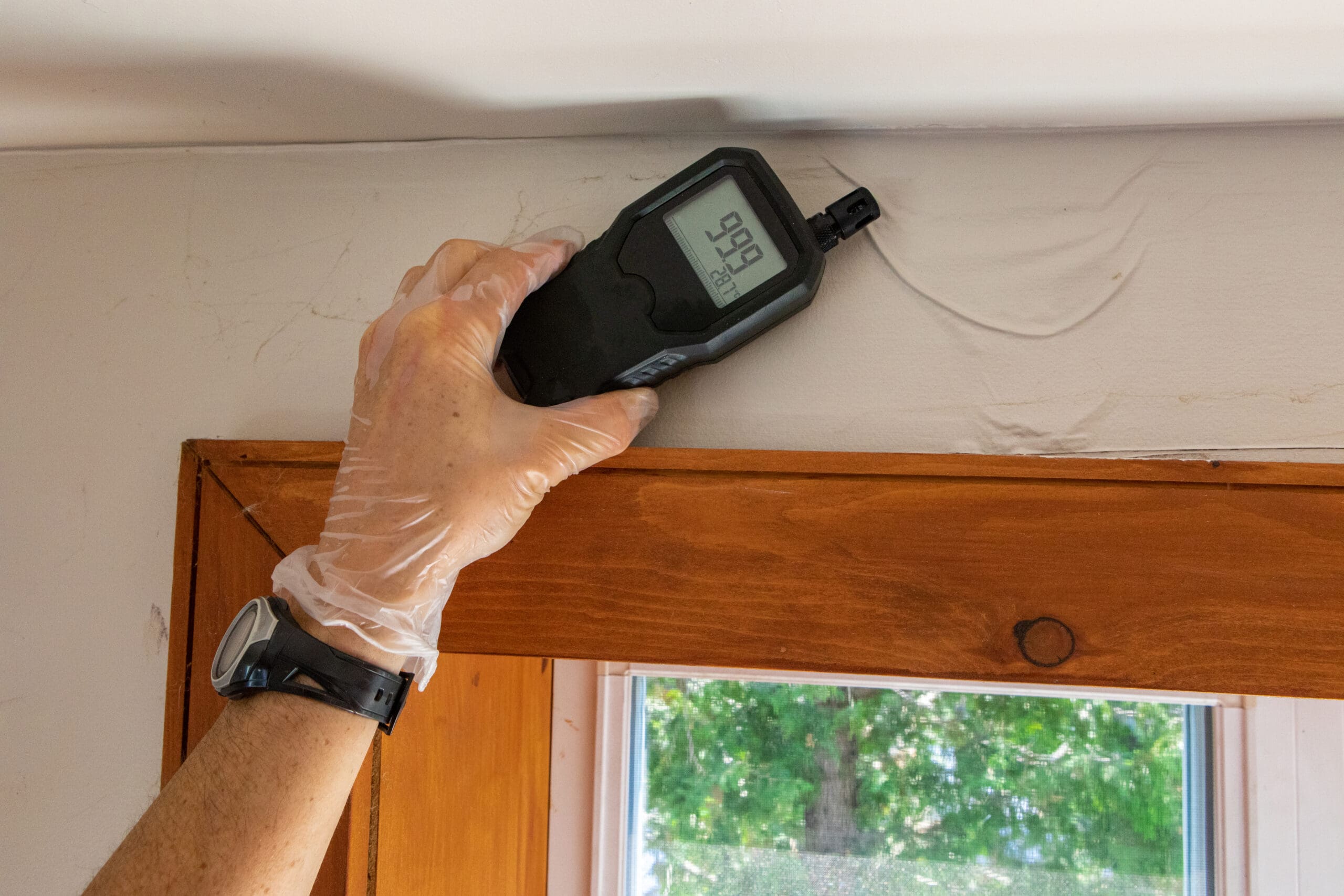 A person wearing a glove uses a handheld device to measure moisture on a wall above a wooden window frame. The device displays a reading of 96.9. Trees are visible outside through the window.